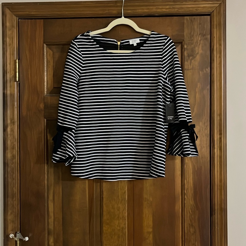 Crown & Ivy Navy Striped Sweatshirt w/ Bow Detail